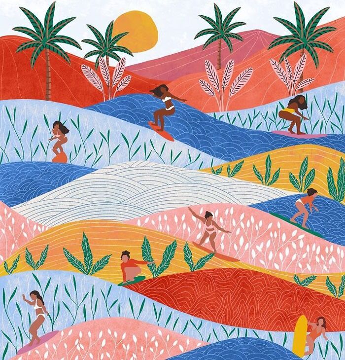 Colorful drawing of people surfing on stylized waves with palm trees, inspired by drawing prompts and creativity.