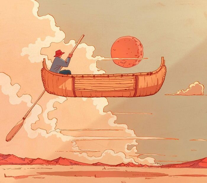 A person rowing a flying canoe above clouds, with a red sun in the background, serves as an imaginative drawing prompt.