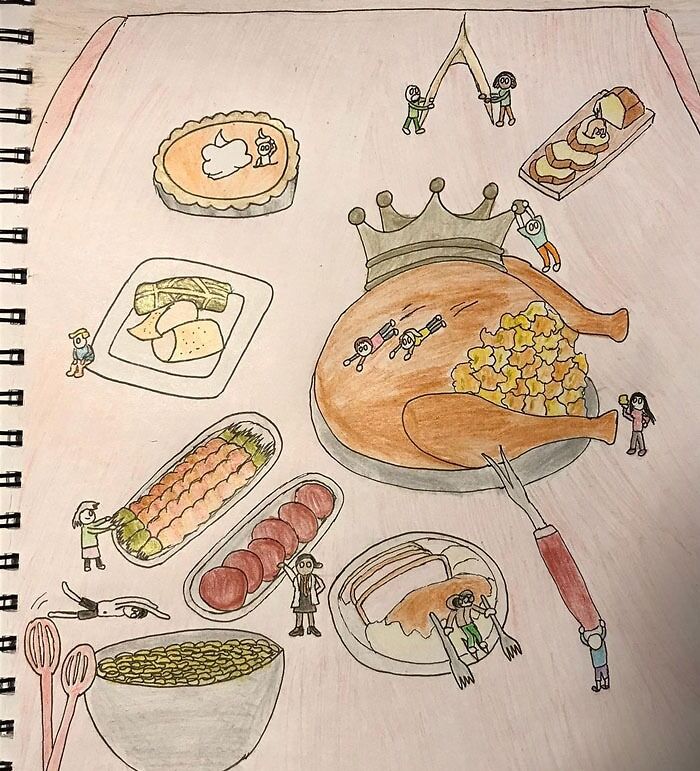Whimsical drawing of a giant turkey and tiny people, featuring creative drawing prompts for inspiration.
