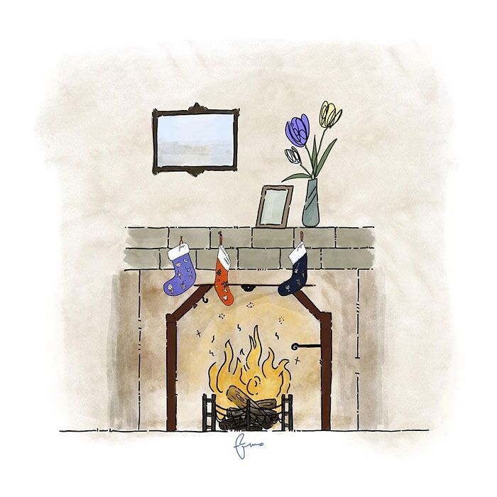 Cozy fireplace drawing with three stockings, a vase of flowers, and a picture frame above, sparking drawing prompts inspiration.