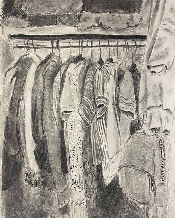 Drawing of clothing hanging in a closet, showcasing creative prompts for artists seeking inspiration.