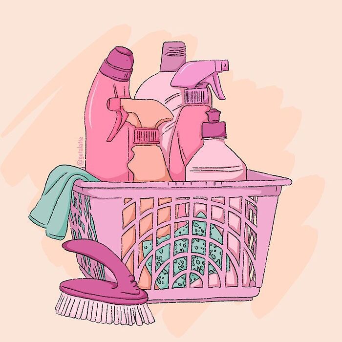 A drawing prompt featuring a basket of pink cleaning supplies and a scrub brush.
