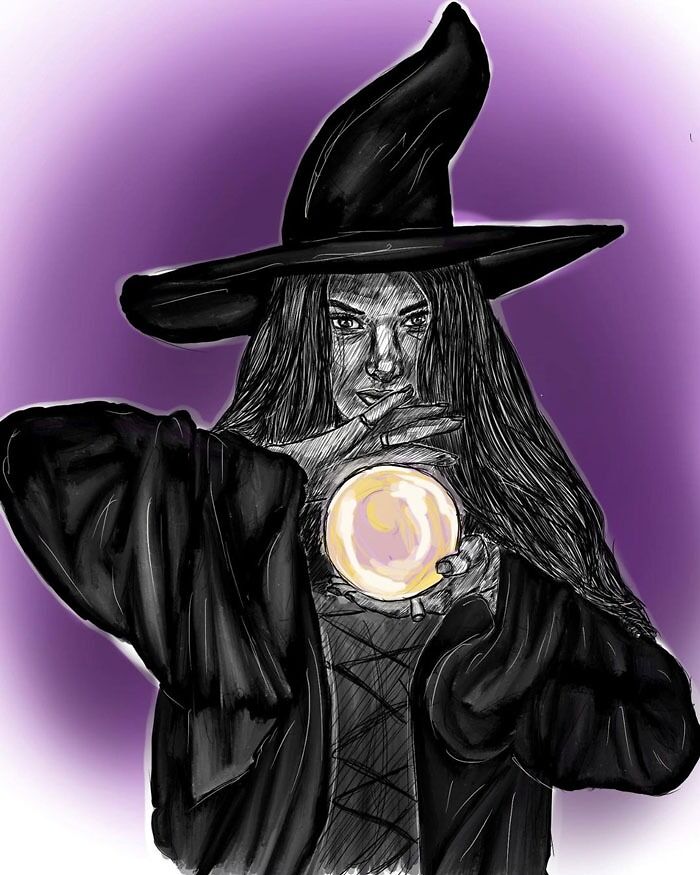 Drawing prompts: a witch in a hat holding a glowing crystal ball against a purple background.