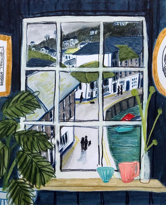View through a window depicting a quaint street scene with colorful cups, plants, and a drawing inspiration vibe.