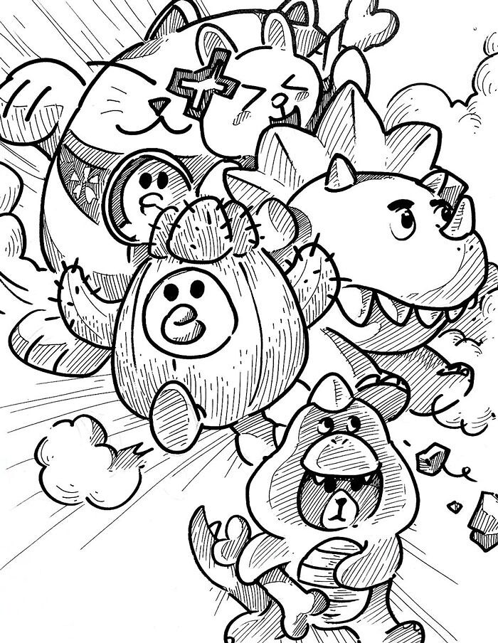 A group of whimsical cartoon characters in a dynamic drawing, perfect for inspiring creative drawing prompts.