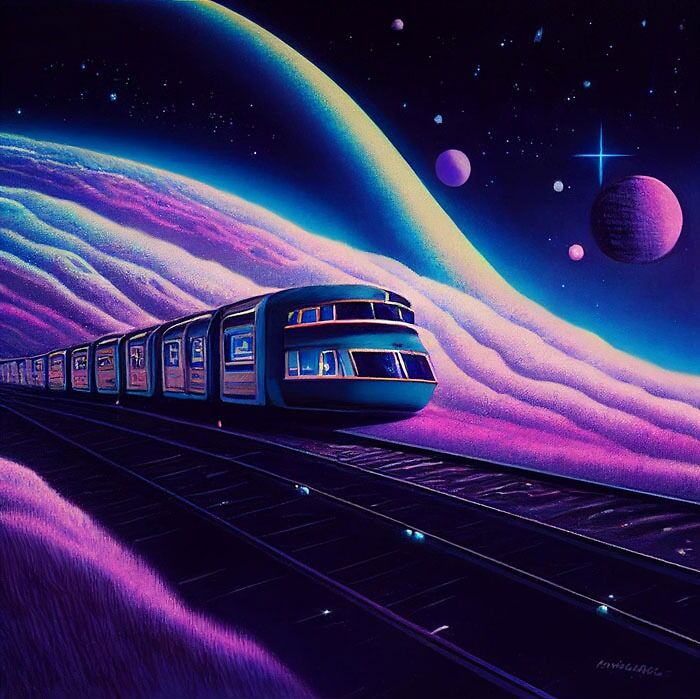 Futuristic train traveling through a vibrant, surreal cosmic landscape, ideal inspiration for drawing prompts.