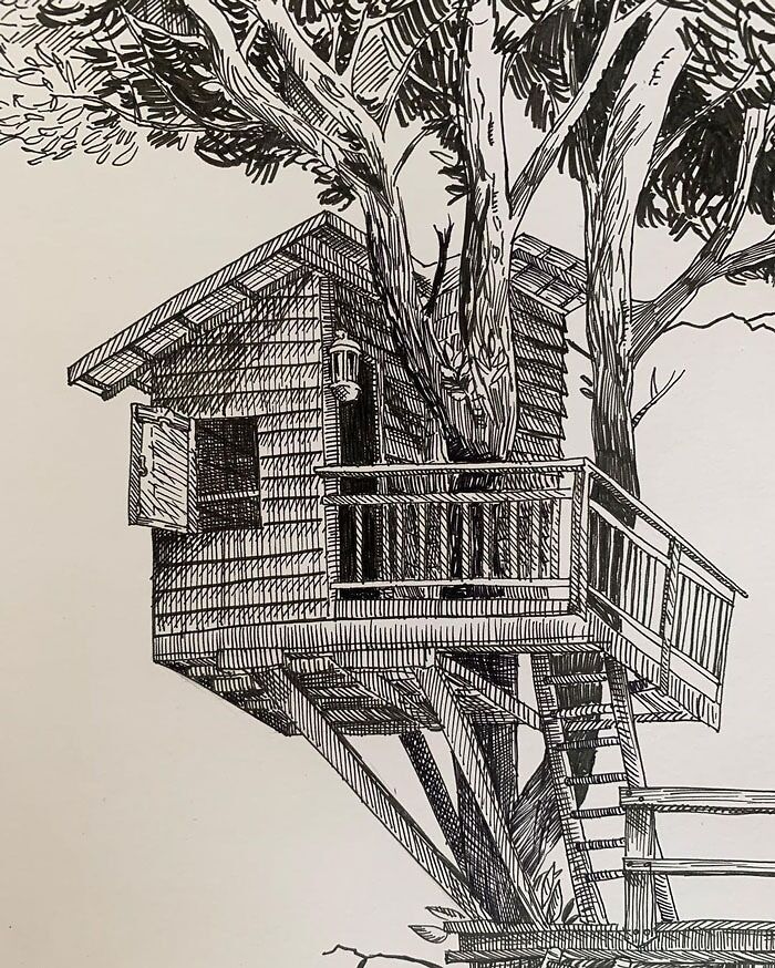Illustration of a treehouse nestled among branches, showcasing intricate drawing prompts details.