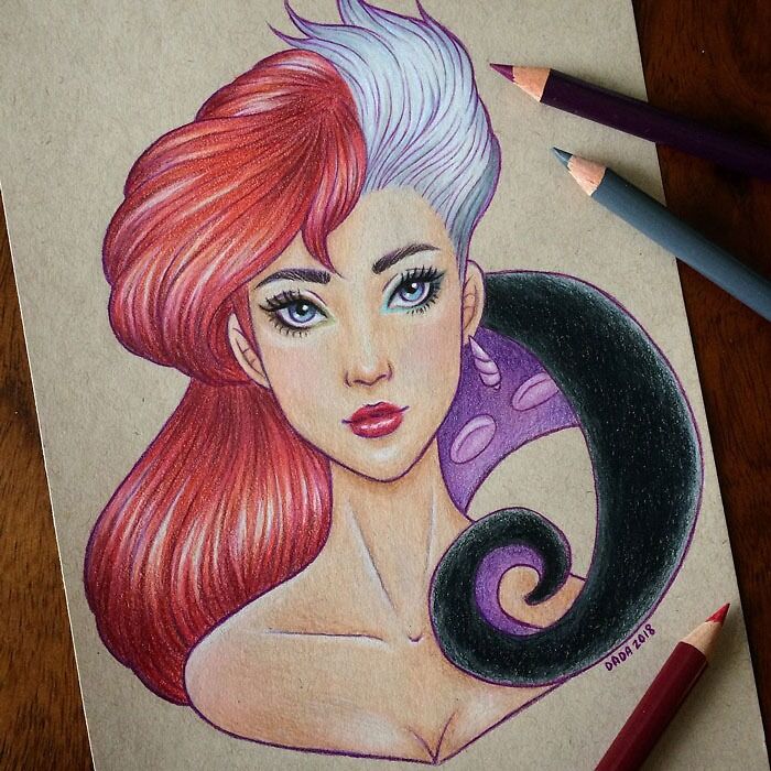 Drawing prompt artwork featuring a woman with red and white hair, accompanied by colored pencils.