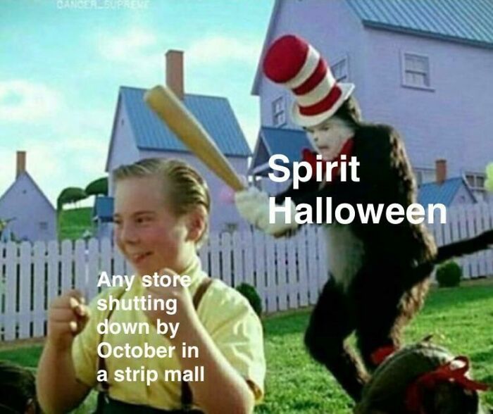 Cat in the Hat with baseball bat chasing boy, labeled "Spirit Halloween" and "Any store shutting down by October." Hilarious Halloween meme.