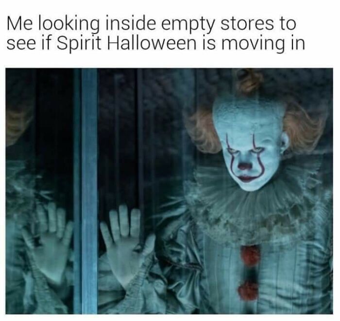 Clown peering through a glass pane, humorous Halloween meme about empty stores.
