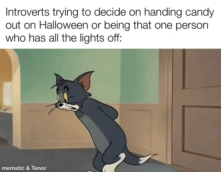 Cartoon cat looking nervous about Halloween candy decision; humorous Halloween meme.