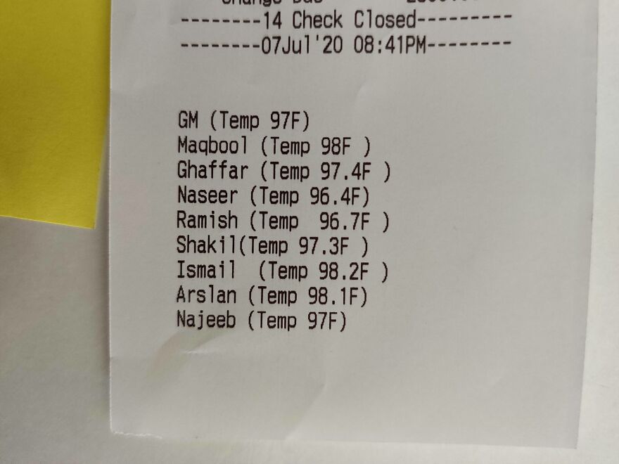 Local Takeaway Prints The Temperatures Of All The Staff Currently Working There In The Receipt Local Takeaway Prints The Temperatures Of All The Staff Currently Working There In The Receipt