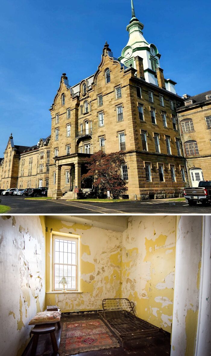 Brown Trans-Allegheny Lunatic Asylum with yellow inside walls bed and carpet