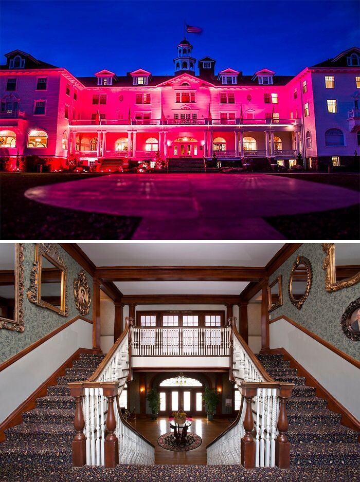 Red Color The Stanley Hotel and inside green brown interior stairs with mirrors on the wall