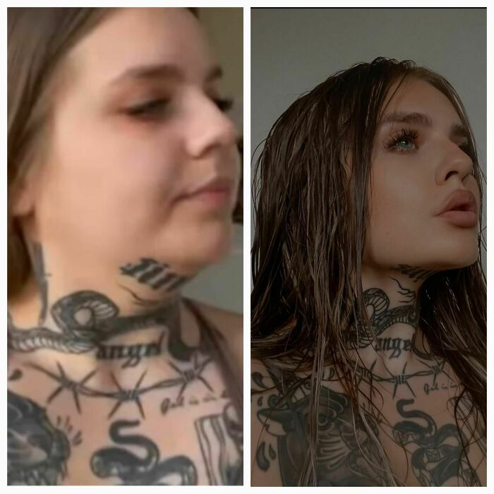 Side-by-side comparison of a woman with tattoos showing Instagram reality of fake pics versus real appearance online.