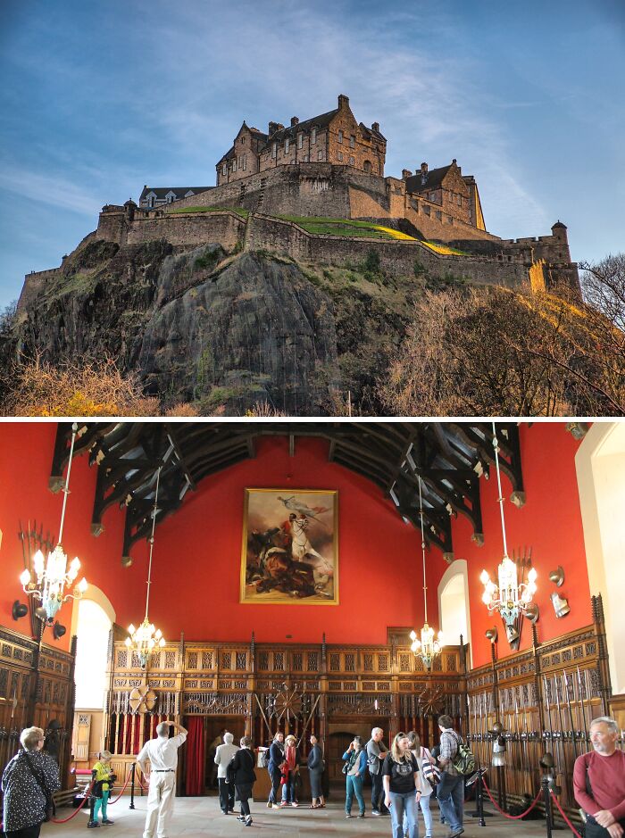 Edinburgh Castle at the mountain and red walls inside with paintings and people