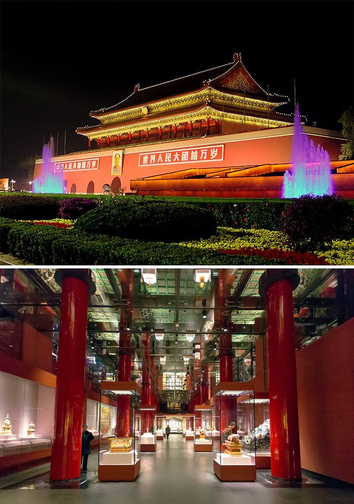 Colorful Forbidden City and inside with many statues