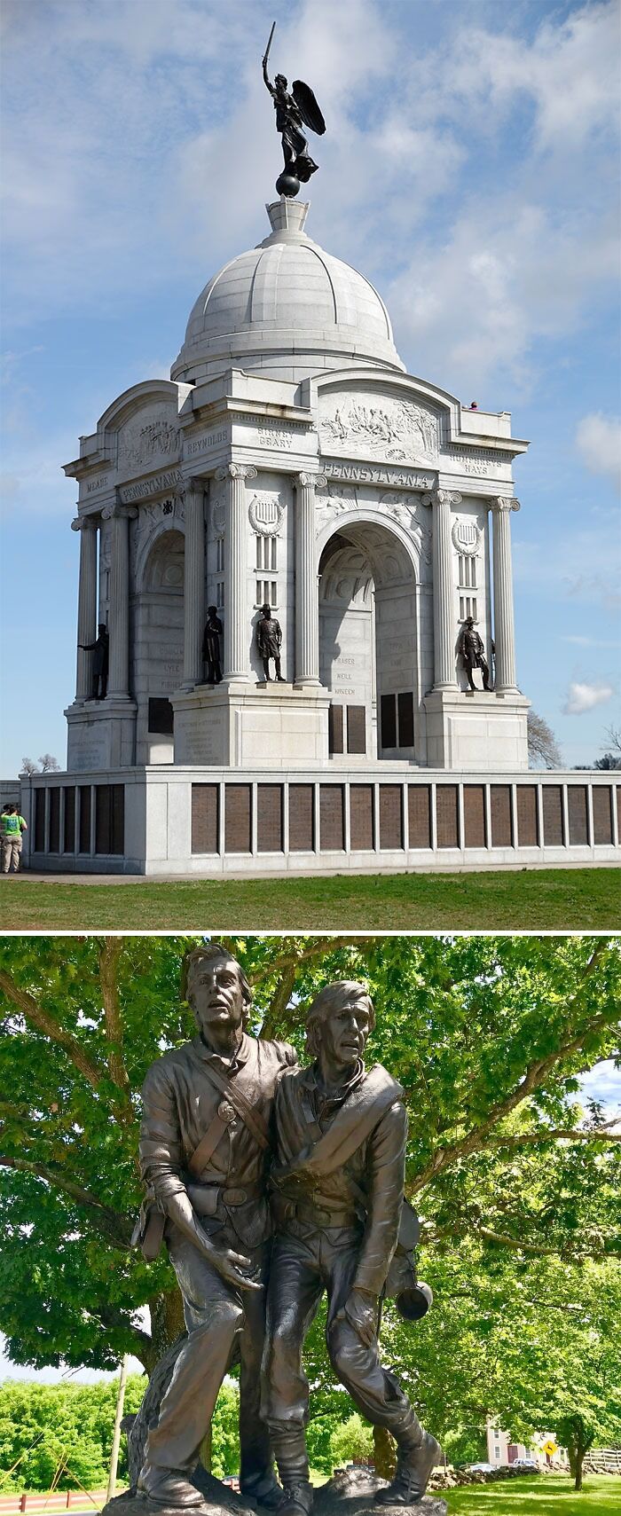Gettysburg Battlefield with statues of people