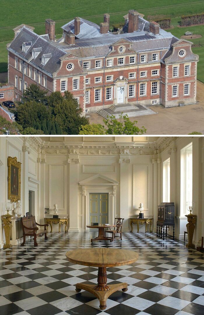 Brown Raynham Hall and luxury inside with furniture and sculptures