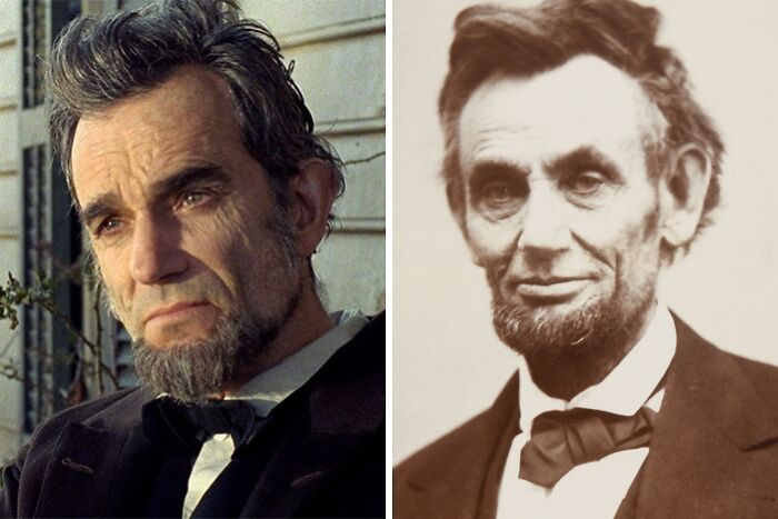 Side-by-side comparison of well-known historical figure Abraham Lincoln in real life and movie portrayal.