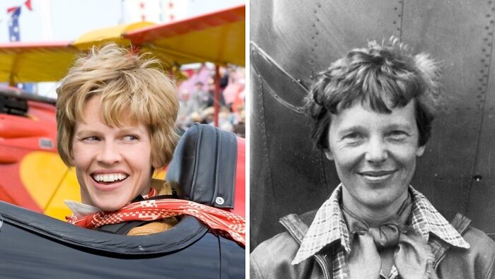 Side-by-side images showing a well-known historical figure and her movie portrayal highlighting real life vs film look.