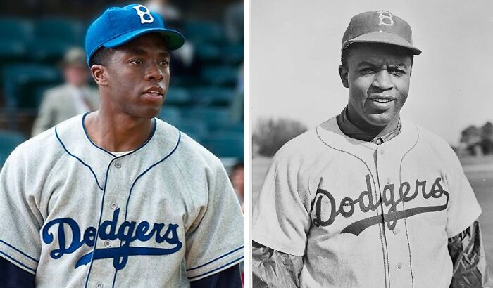 Side-by-side images showing a Dodgers player in a movie portrayal and the real historical baseball player from world history.