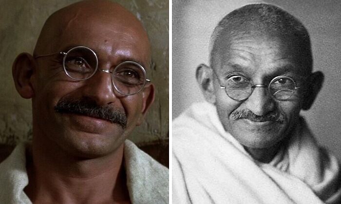 Side-by-side comparison of a movie portrayal and real-life image of a well-known world history figure wearing glasses and a shawl.