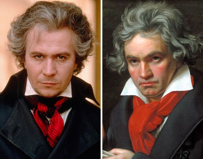 Side-by-side comparison of a well-known historical figure and actor portraying him in movie portrayals with similar clothing and expression.