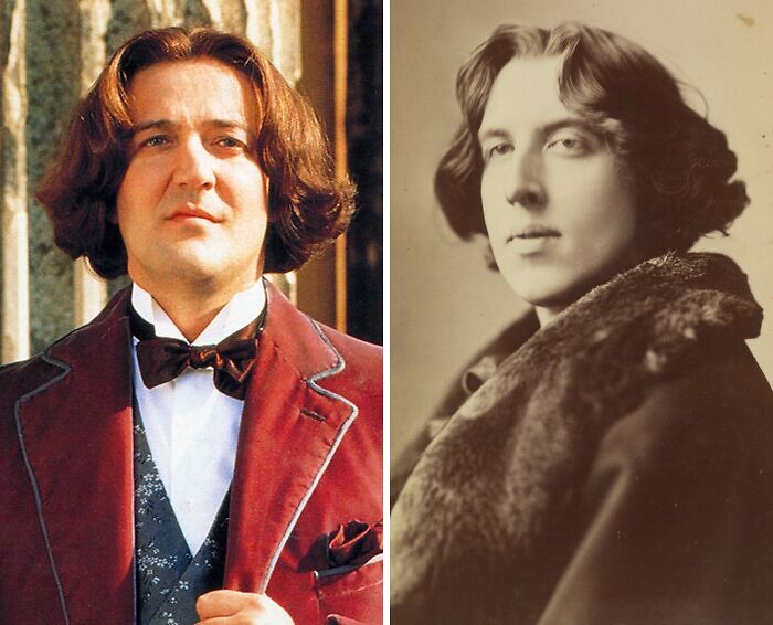 Side-by-side image showing a well-known historical figure and his movie portrayal highlighting real life versus film depiction.