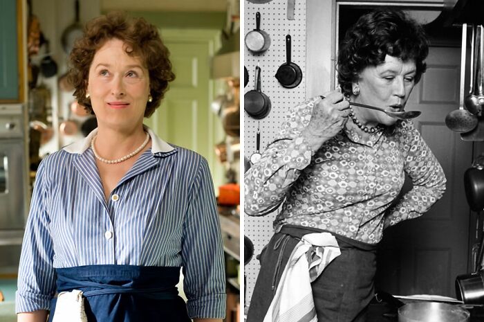 Side-by-side comparison of a well-known historical figure in real life and their movie portrayal in a kitchen setting.