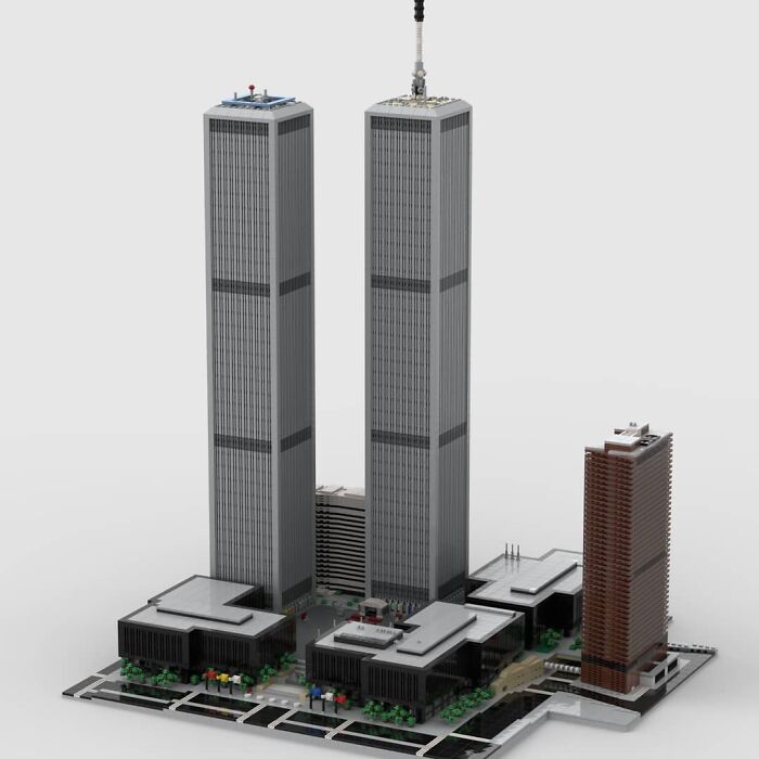 Detailed LEGO build of twin towers and surrounding buildings showcasing incredible architectural art with LEGO bricks.
