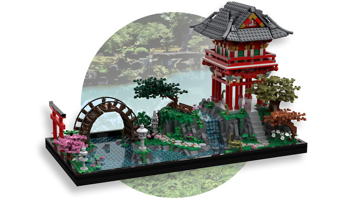 Intricate LEGO builds depicting a Japanese-inspired garden with a bridge, waterfall, and traditional pagoda structure in detailed art form.