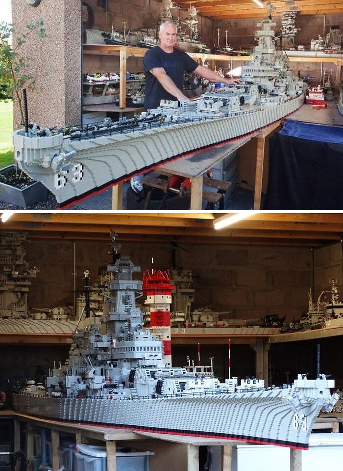 Man showcasing a large, detailed LEGO build of a battleship, one of the incredible LEGO builds that are real works of art