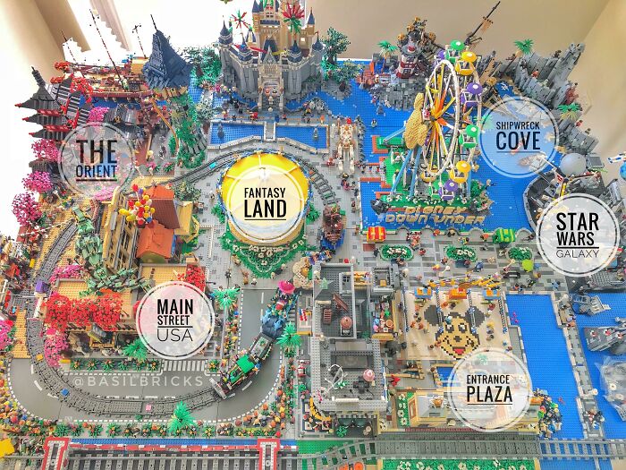 Intricate LEGO builds showcase detailed fantasy land, Star Wars galaxy, and themed areas in a colorful miniature art display.