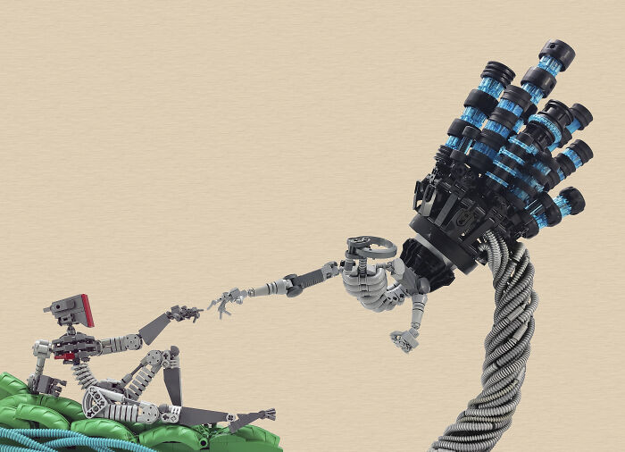 Intricate LEGO builds depicting a robotic figure and mechanical hand reaching out, showcasing incredible LEGO art.