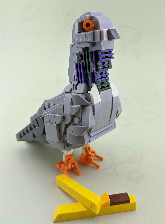 LEGO builds of a detailed pigeon made with gray, orange, and yellow bricks, showcasing incredible LEGO art craftsmanship.