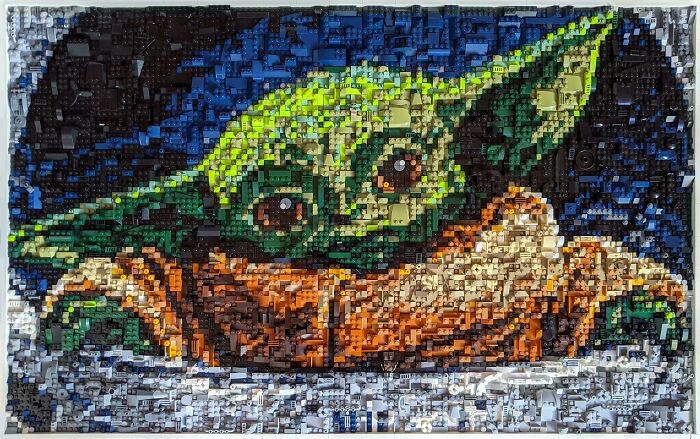 LEGO builds showcasing an intricate mosaic of a character with green ears and large eyes, crafted with colorful bricks.