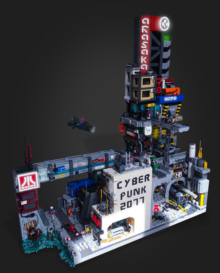 Intricate LEGO builds depicting a futuristic cyberpunk cityscape with detailed buildings and flying vehicles.