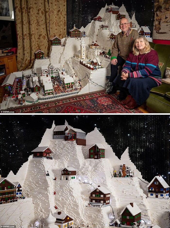 Couple showcasing incredible LEGO builds of a detailed snowy mountain village with miniature houses and ski lifts.