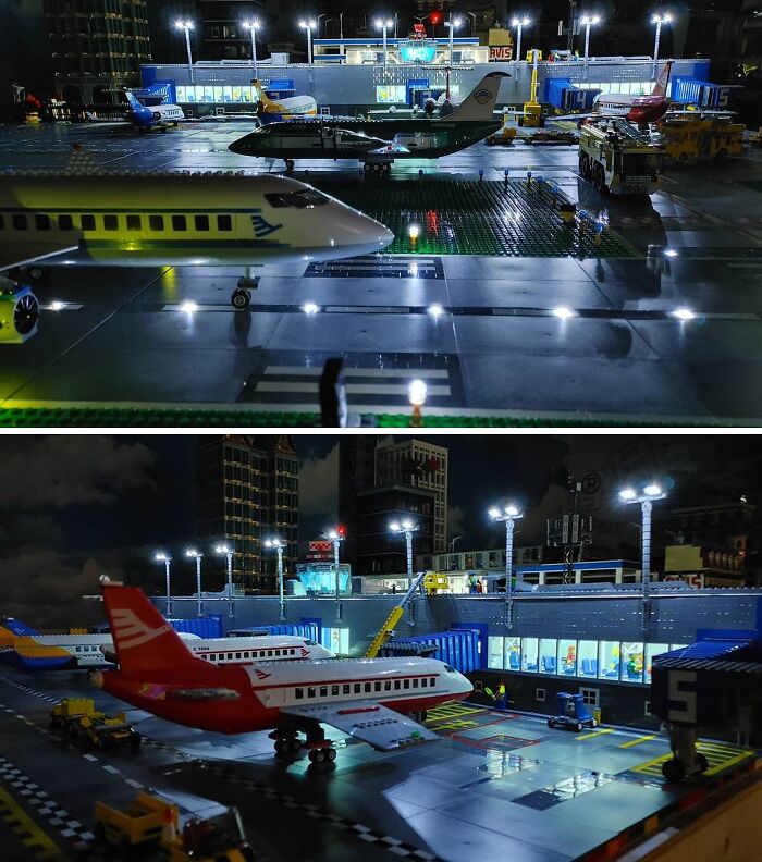 LEGO airport build with detailed airplanes, vehicles, and lighting showcasing incredible LEGO art at night.