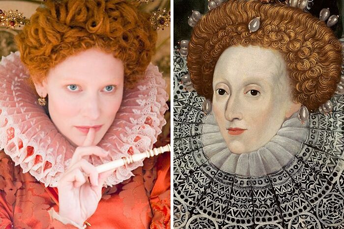 Actress portraying a historic figure in an elaborate costume beside an old painting showing her real-life appearance.