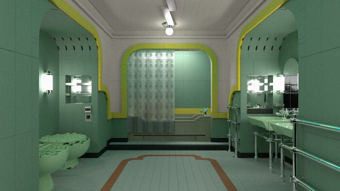 LEGO build of an intricate modern bathroom with green and yellow accents, showcasing incredible LEGO art design details.