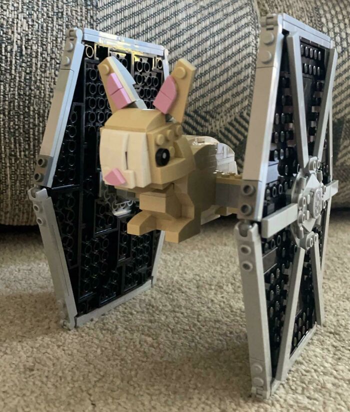 LEGO build of a starfighter with a bunny figure in the center showcasing incredible LEGO art and creativity.