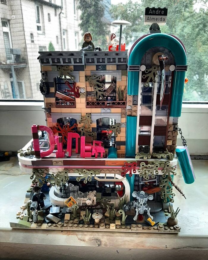 Intricate LEGO builds of a detailed diner scene with mini-figures showcasing incredible LEGO art and creativity.