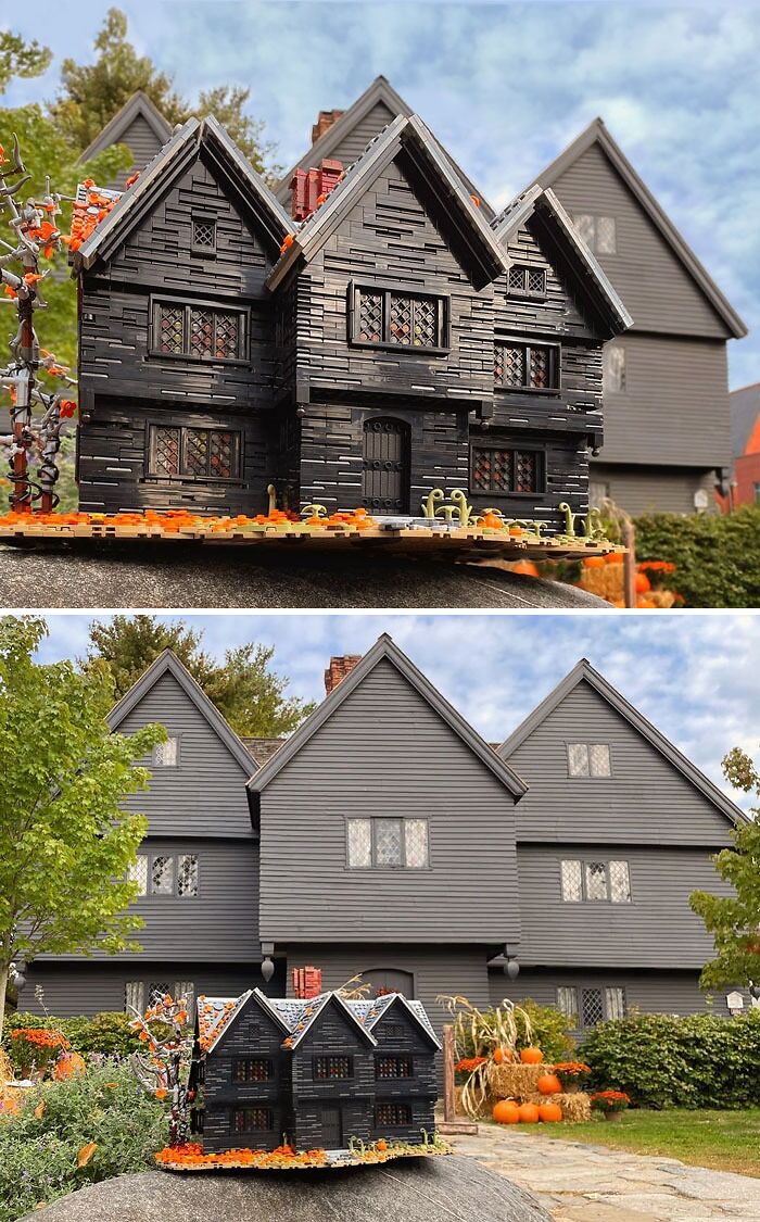 Intricate LEGO builds of a historic black house displayed outdoors with pumpkins and autumn decorations nearby.