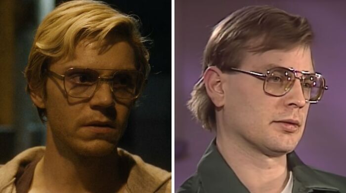 Side-by-side comparison of a well-known historical figure and his movie portrayal, both wearing glasses with similar hairstyles.