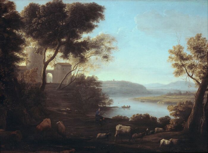 Landscape painting of a serene riverside scene with grazing animals and a distant castle by a world-famous painter.