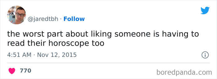 'The worst part about liking someone is having to read their horoscopes too' meme
