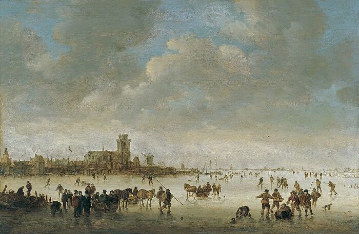 Landscape painting depicting people on ice near a town, with cloudy skies above.