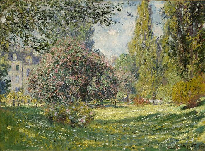 Landscape painting of a lush garden with trees and flowers under a clear sky.